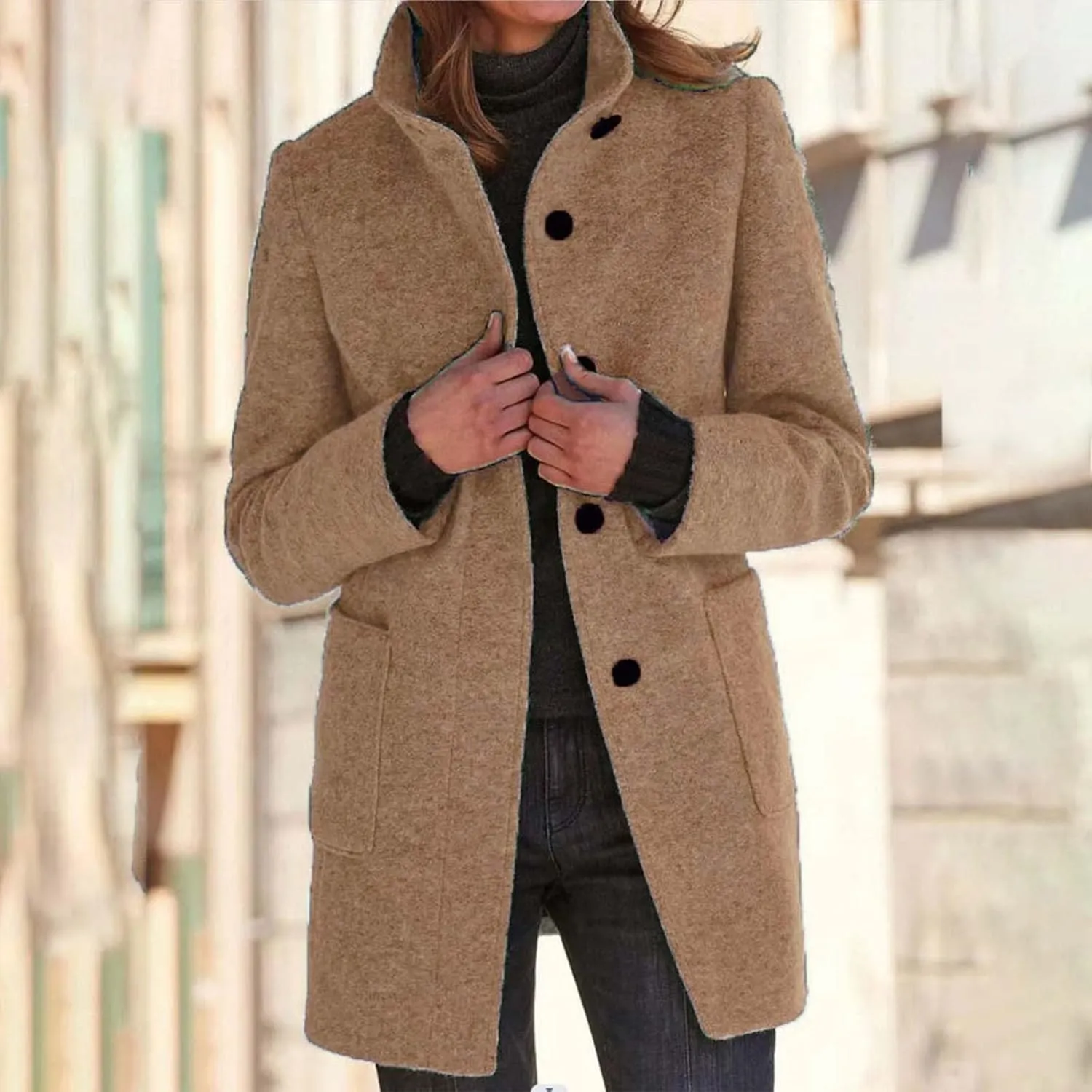 Peacoats For Women Winter Stand Collar Single Breasted Wool Coats 2024 Trendy Thicken Long Blazer Jacket With Pockets