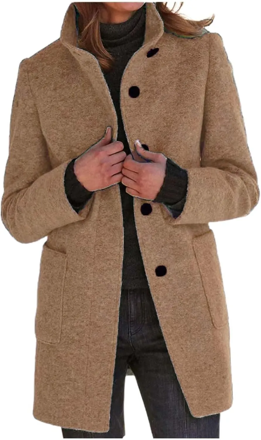 Peacoats For Women Winter Stand Collar Single Breasted Wool Coats 2024 Trendy Thicken Long Blazer Jacket With Pockets