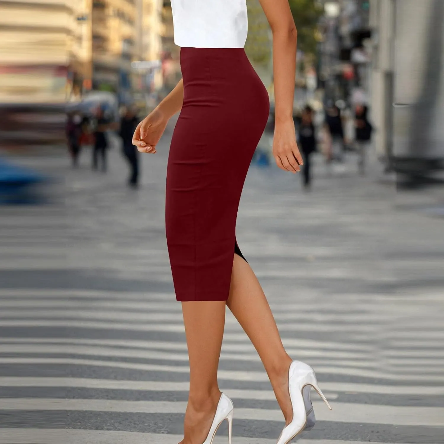 Pencil Skirts for Women Solid Elastic High Waist Below Knee Bodycon Skort Casual Business Office Work Slim Fit Skirt