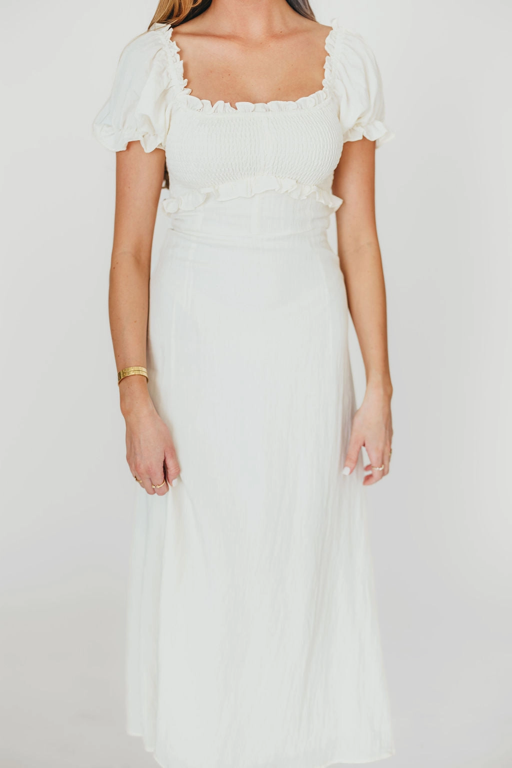 Penny Puff Sleeve Ruffle Midi Dress in Cream