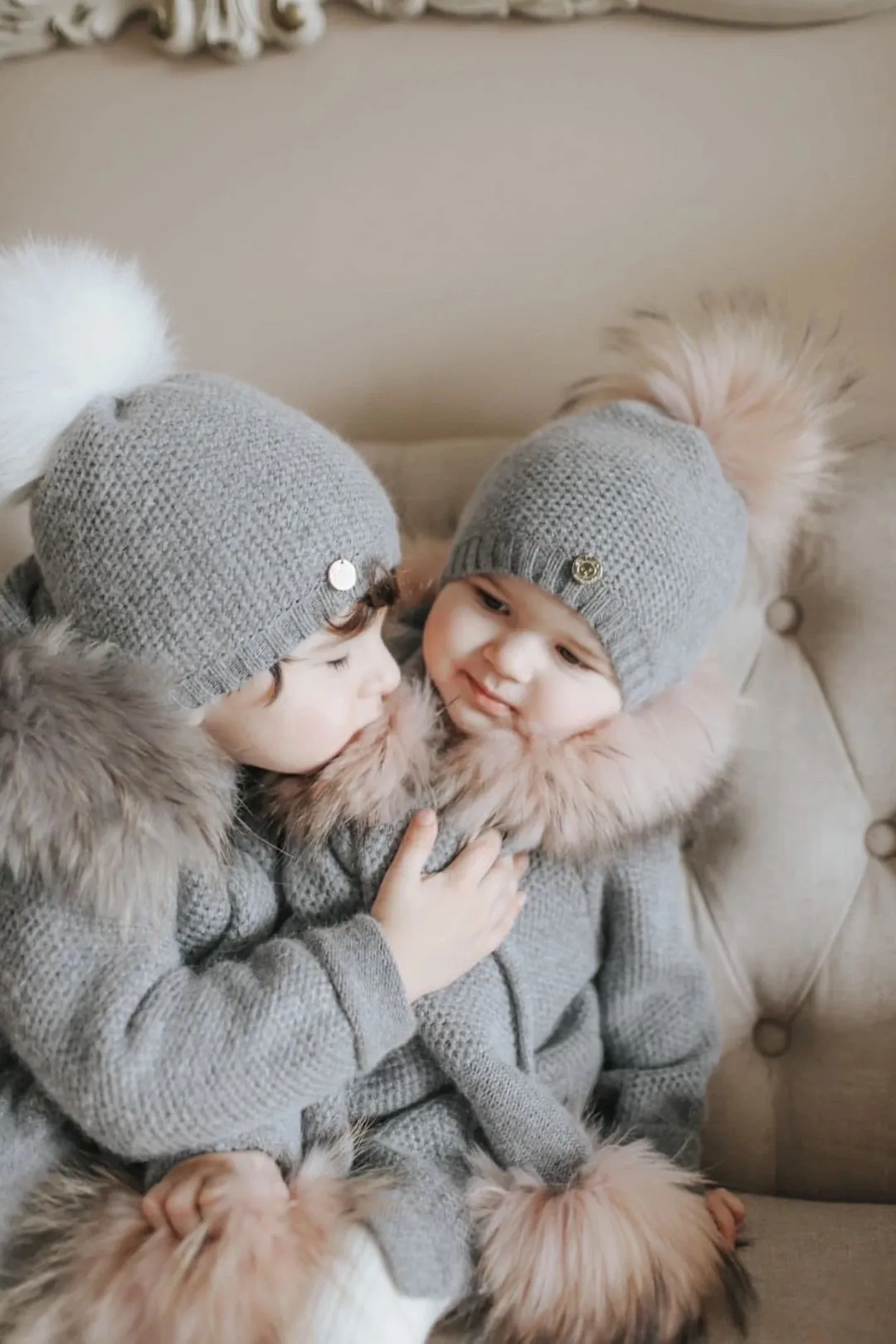 Petite Maison Kids Cashmere Grey Beanie Hat with pink pom