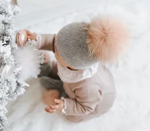 Petite Maison Kids Cashmere Grey Beanie Hat with pink pom