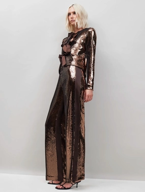 Petite Brown Chocolate Sequinned Satin-Stripe Trousers Petite Brown Chocolate Sequinned Satin-Stripe Trousers