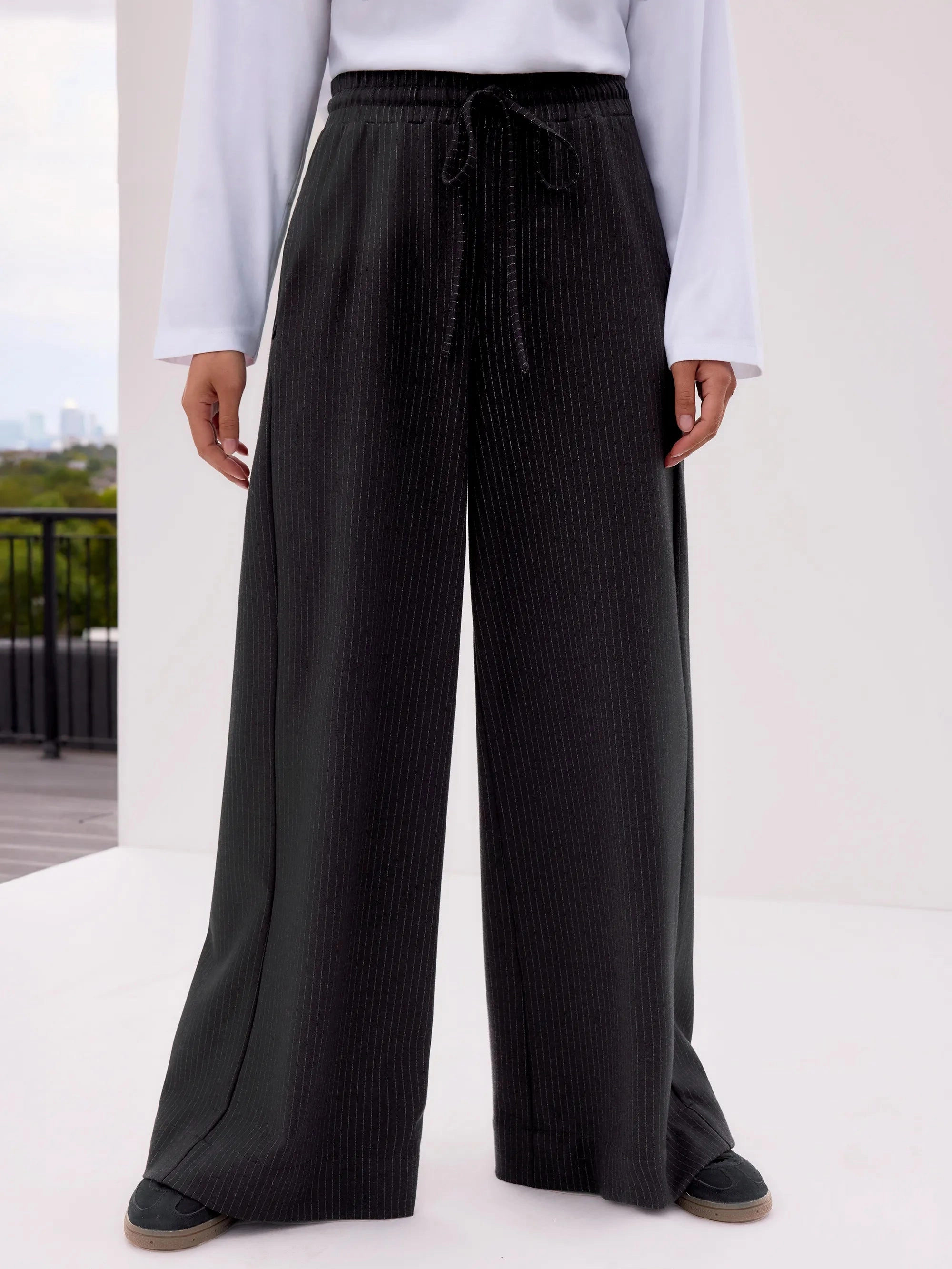 Petite Charcoal Pinstripe Wide Leg Joggers