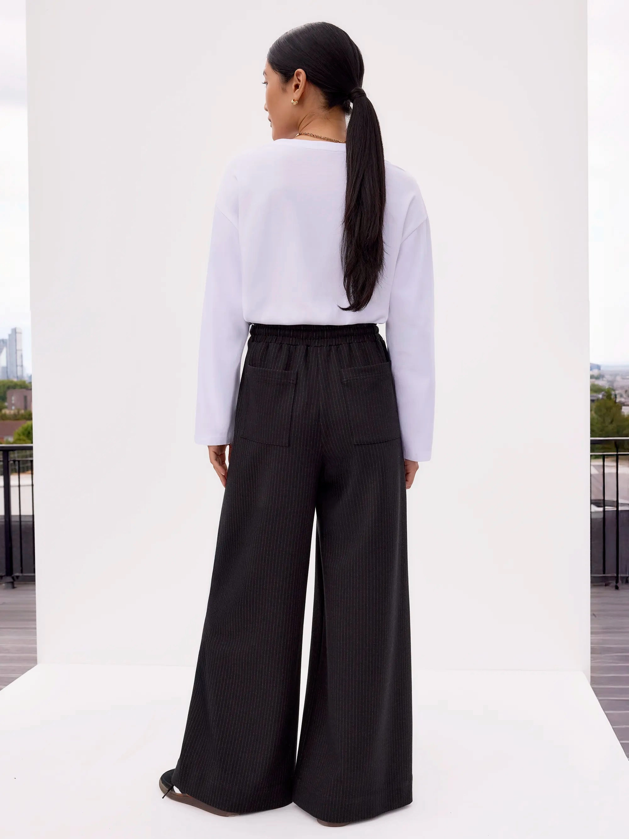 Petite Charcoal Pinstripe Wide Leg Joggers