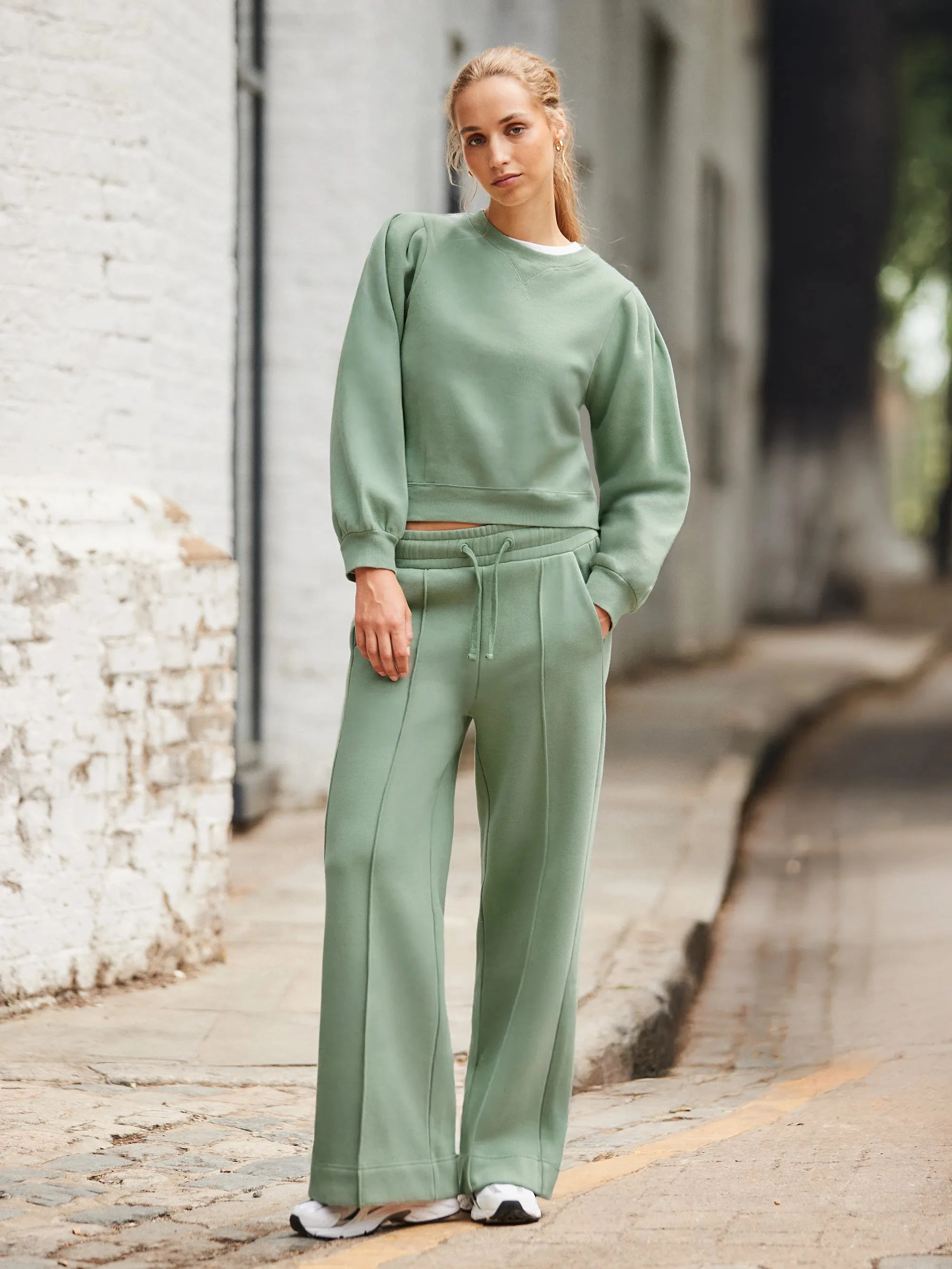 Petite Sage-Green Wide-Leg Sweatpants