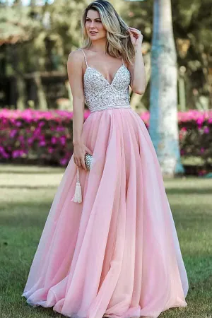 Pink A Line Spaghetti Strap Prom Dresses, Backless Beaded Evening Dress PFP0484