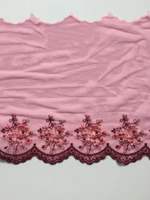 Pink & Burgundy 8" Wide Embroidered Lace Trim