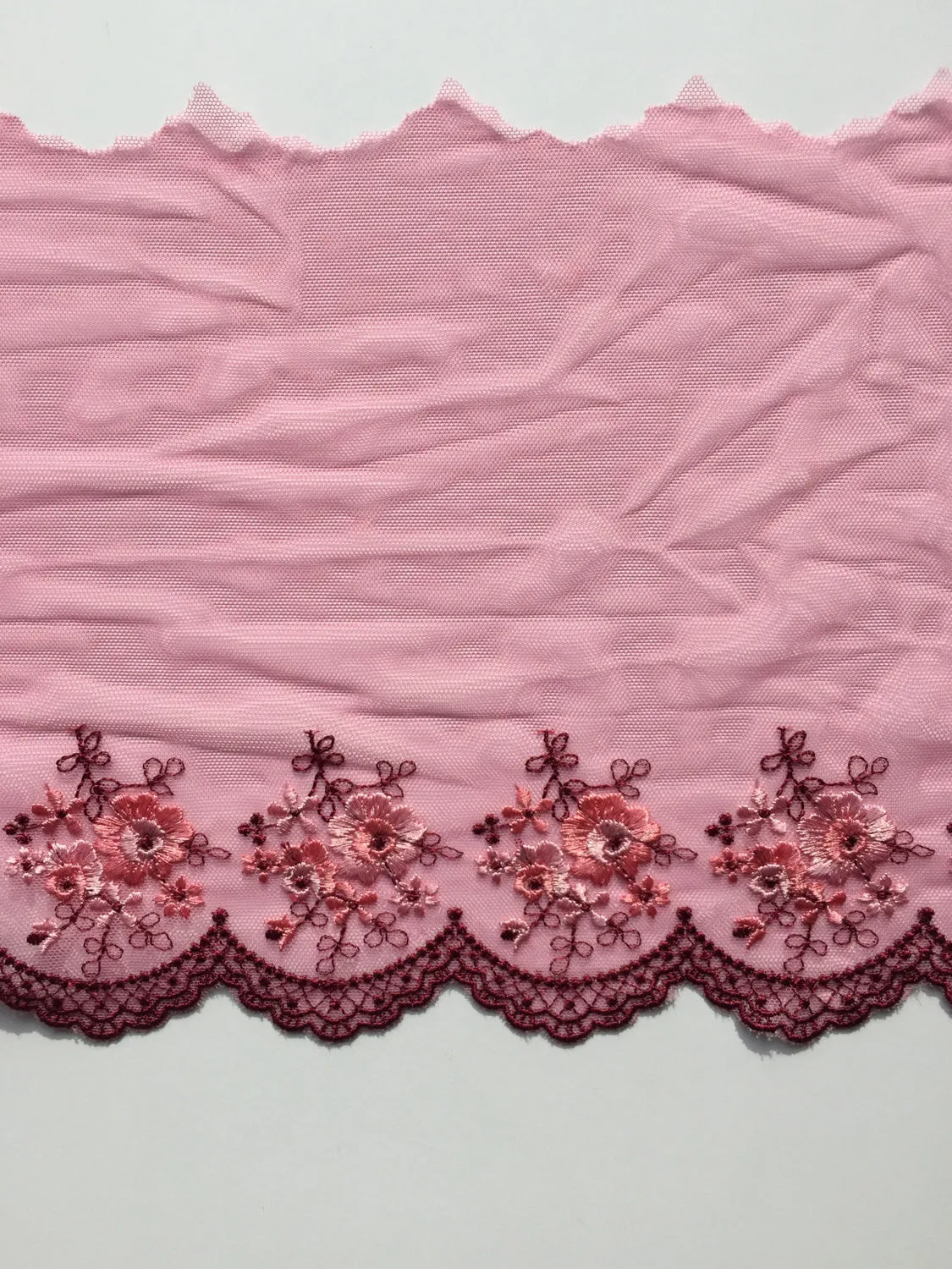 Pink & Burgundy 8" Wide Embroidered Lace Trim