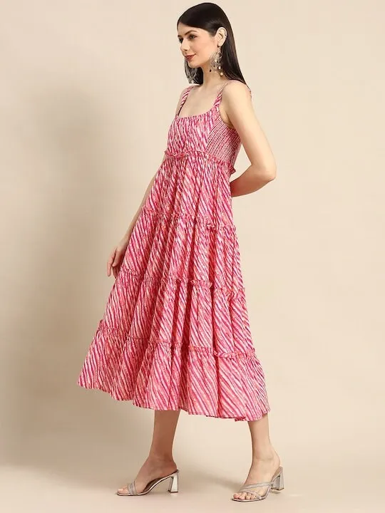 Pink & White Leheriya Printed Ruffle Pure Cotton Tiered A-Line Midi Dress