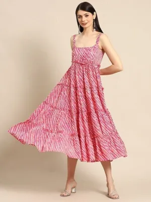 Pink & White Leheriya Printed Ruffle Pure Cotton Tiered A-Line Midi Dress