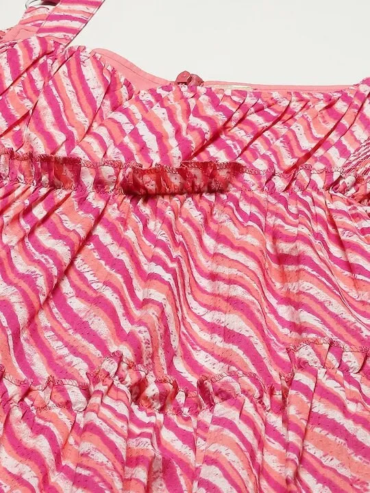 Pink & White Leheriya Printed Ruffle Pure Cotton Tiered A-Line Midi Dress