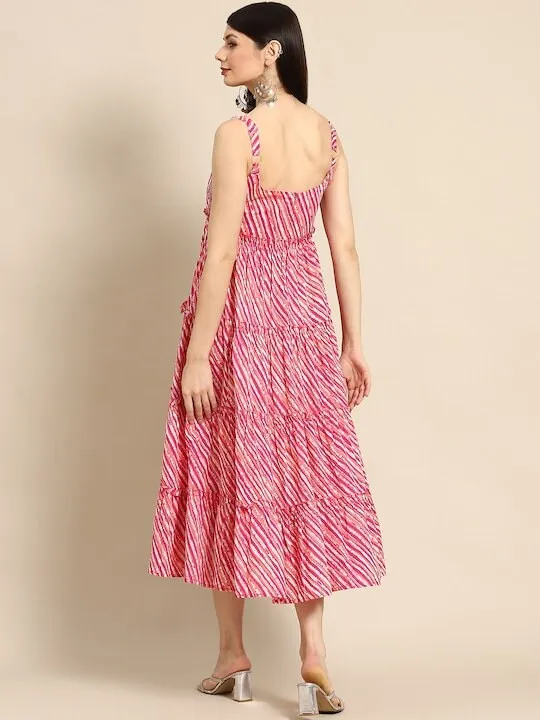 Pink & White Leheriya Printed Ruffle Pure Cotton Tiered A-Line Midi Dress