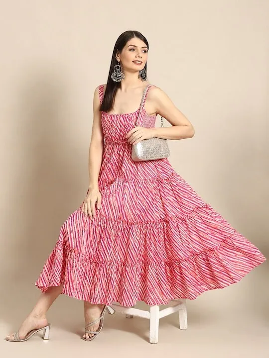 Pink & White Leheriya Printed Ruffle Pure Cotton Tiered A-Line Midi Dress