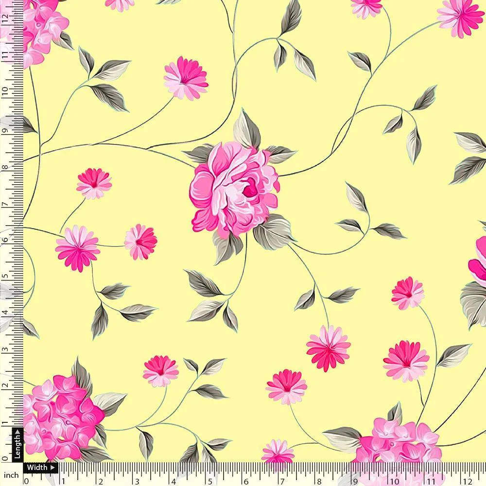 Pink Flower On Lemon Yellow Digital Printed Fabric  - Crepe