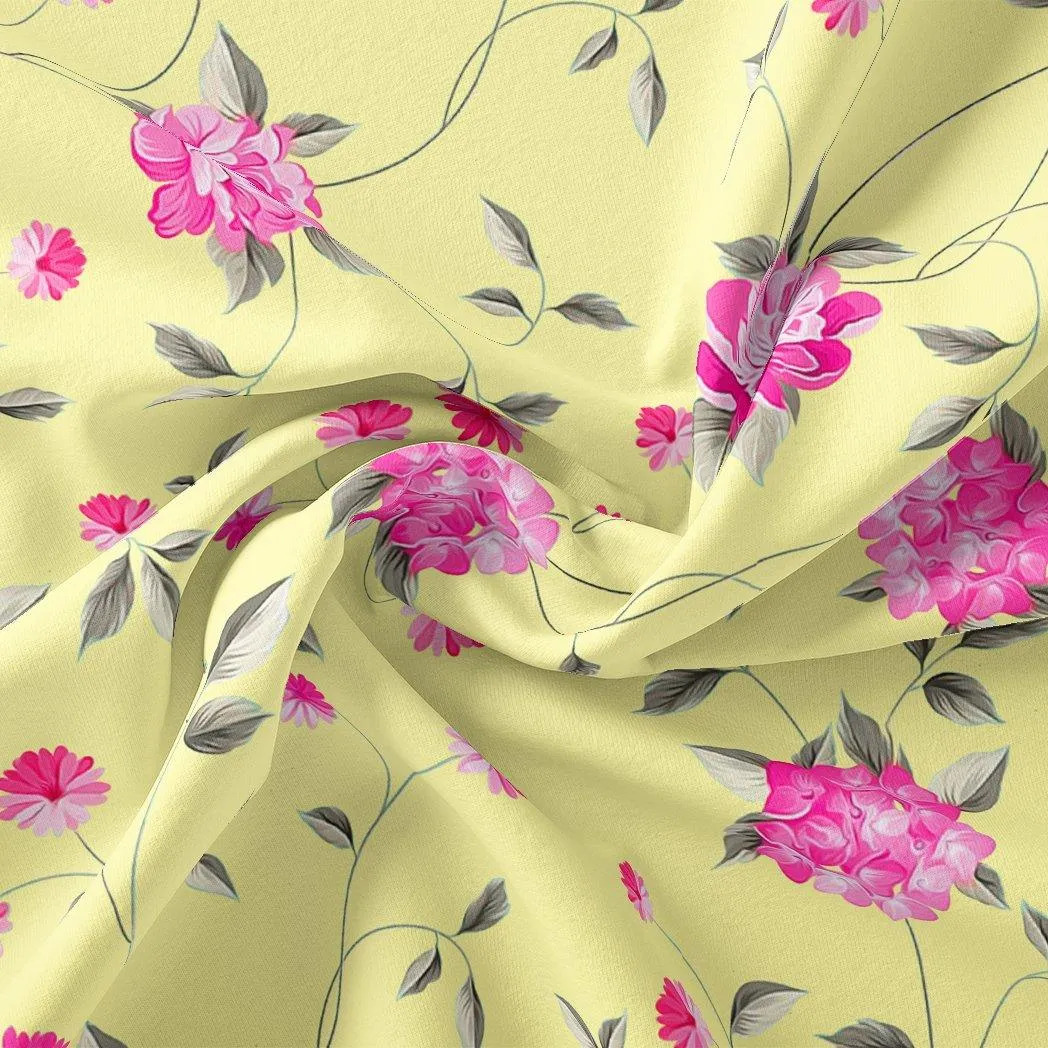 Pink Flower On Lemon Yellow Digital Printed Fabric  - Crepe