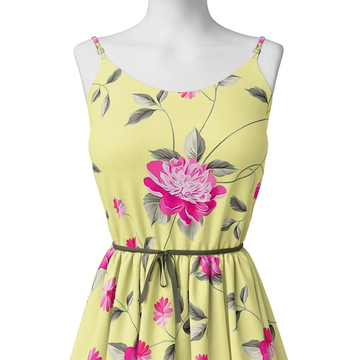 Pink Flower On Lemon Yellow Digital Printed Fabric  - Crepe