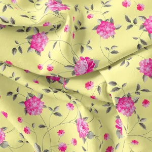 Pink Flower On Lemon Yellow Digital Printed Fabric  - Crepe