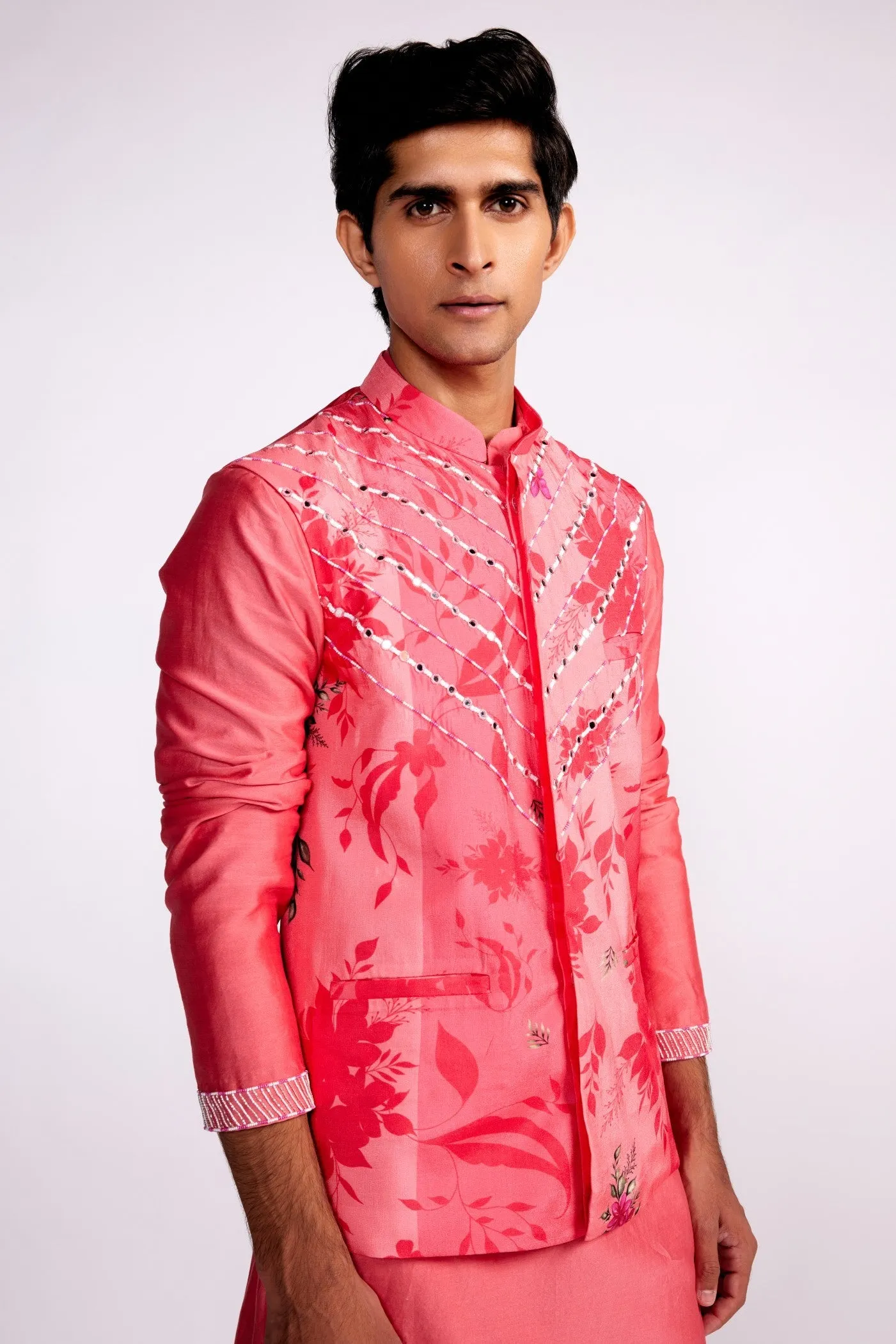 Pink printed and embroidered  Nehru jacket set