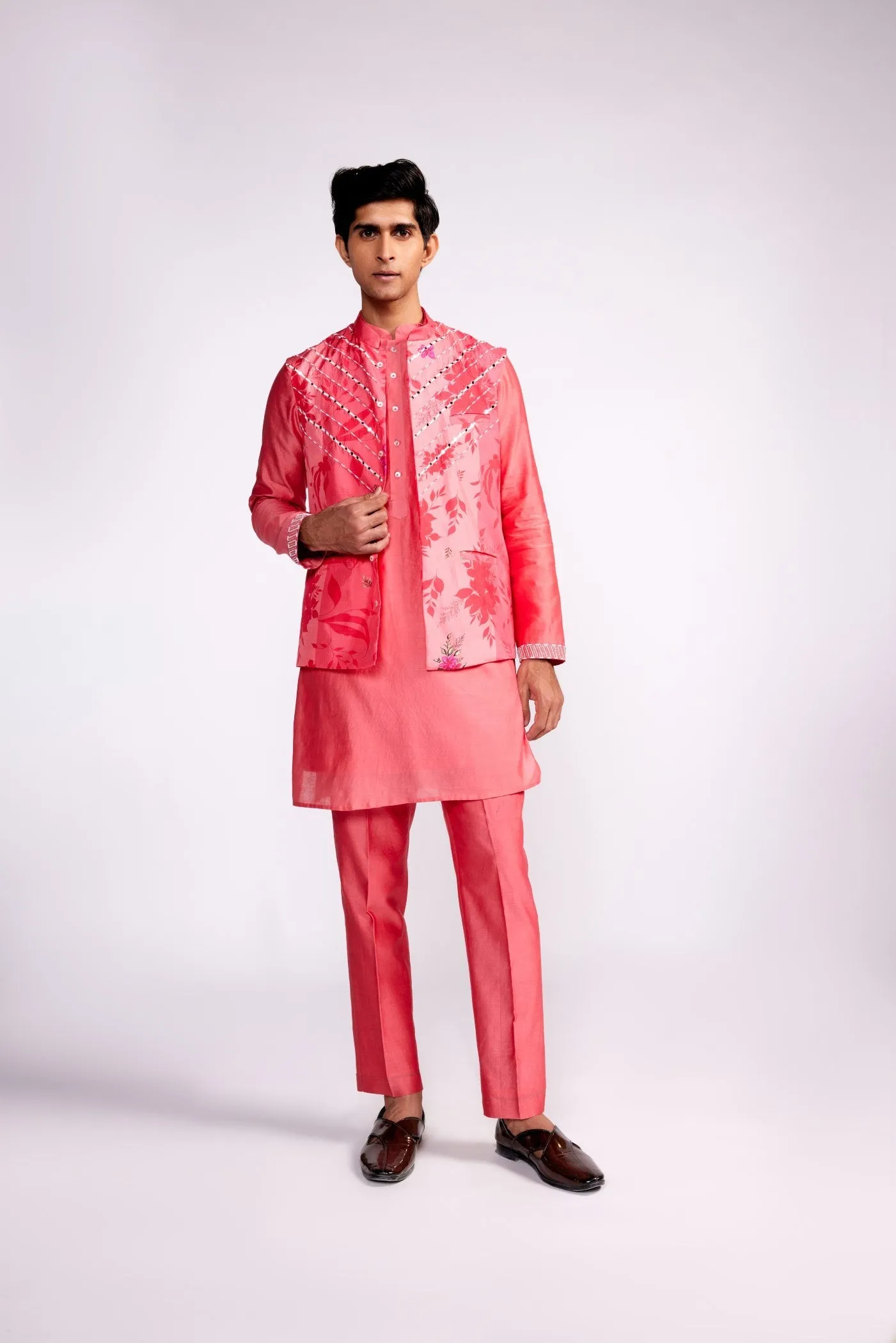 Pink printed and embroidered  Nehru jacket set