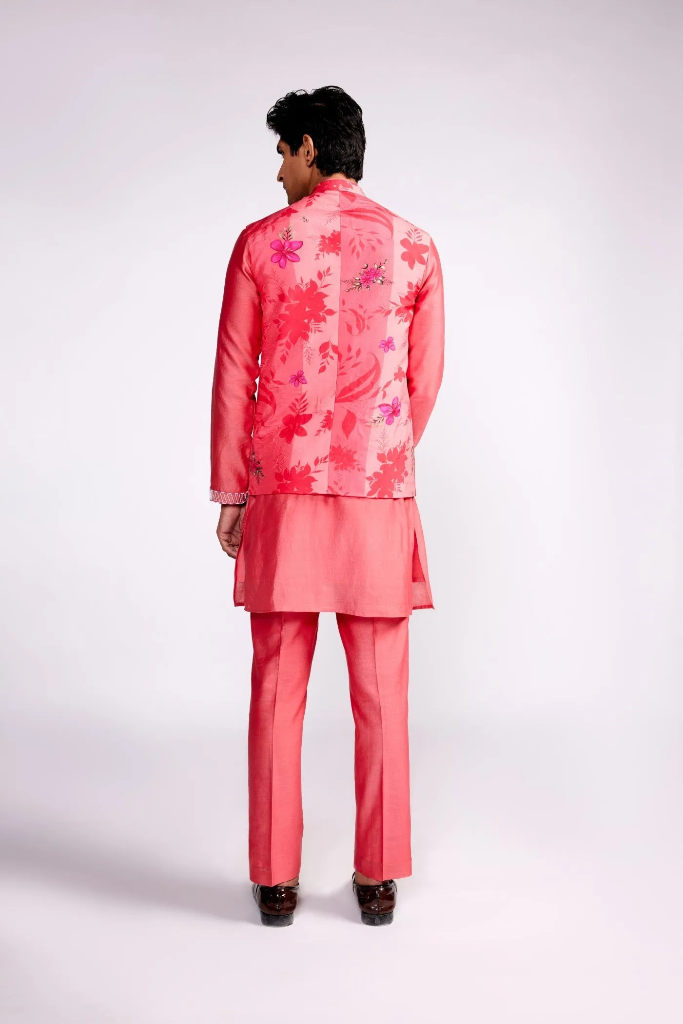 Pink printed and embroidered  Nehru jacket set