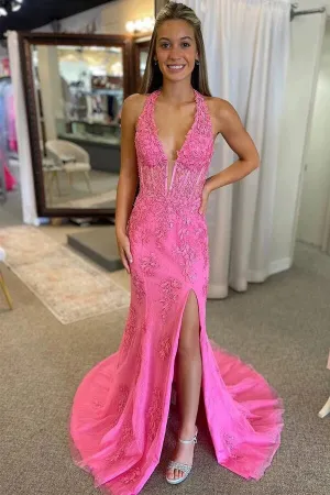 Pink Tulle Mermaid V-neck Long Prom Dresses With Lace Appliques, SLP024