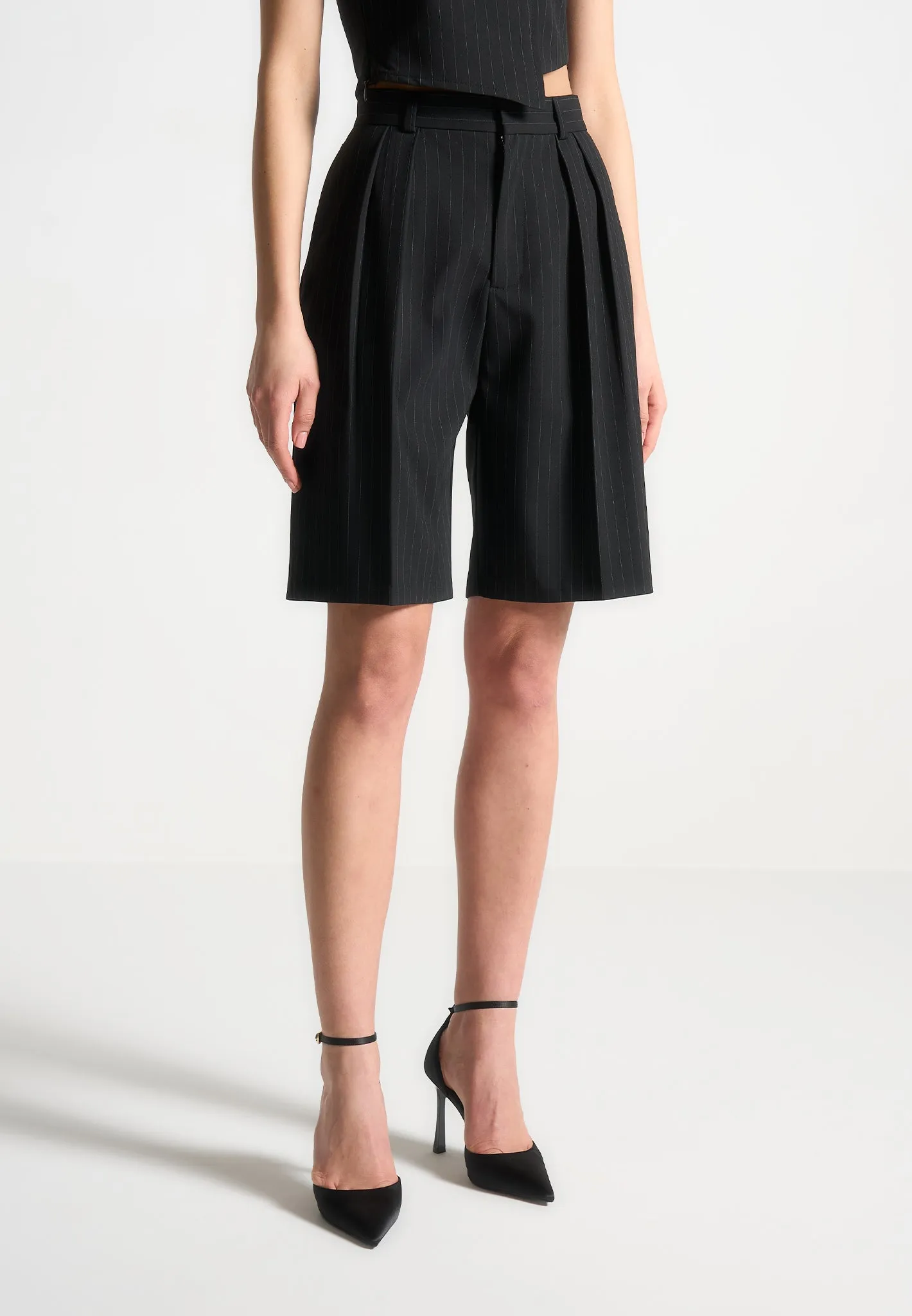 Pinstripe Tailored City Shorts - Black