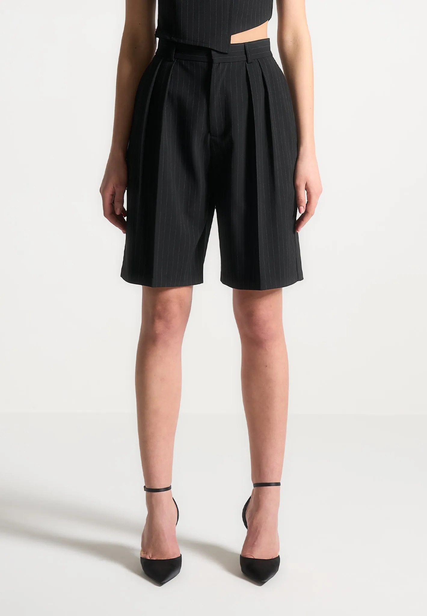 Pinstripe Tailored City Shorts - Black