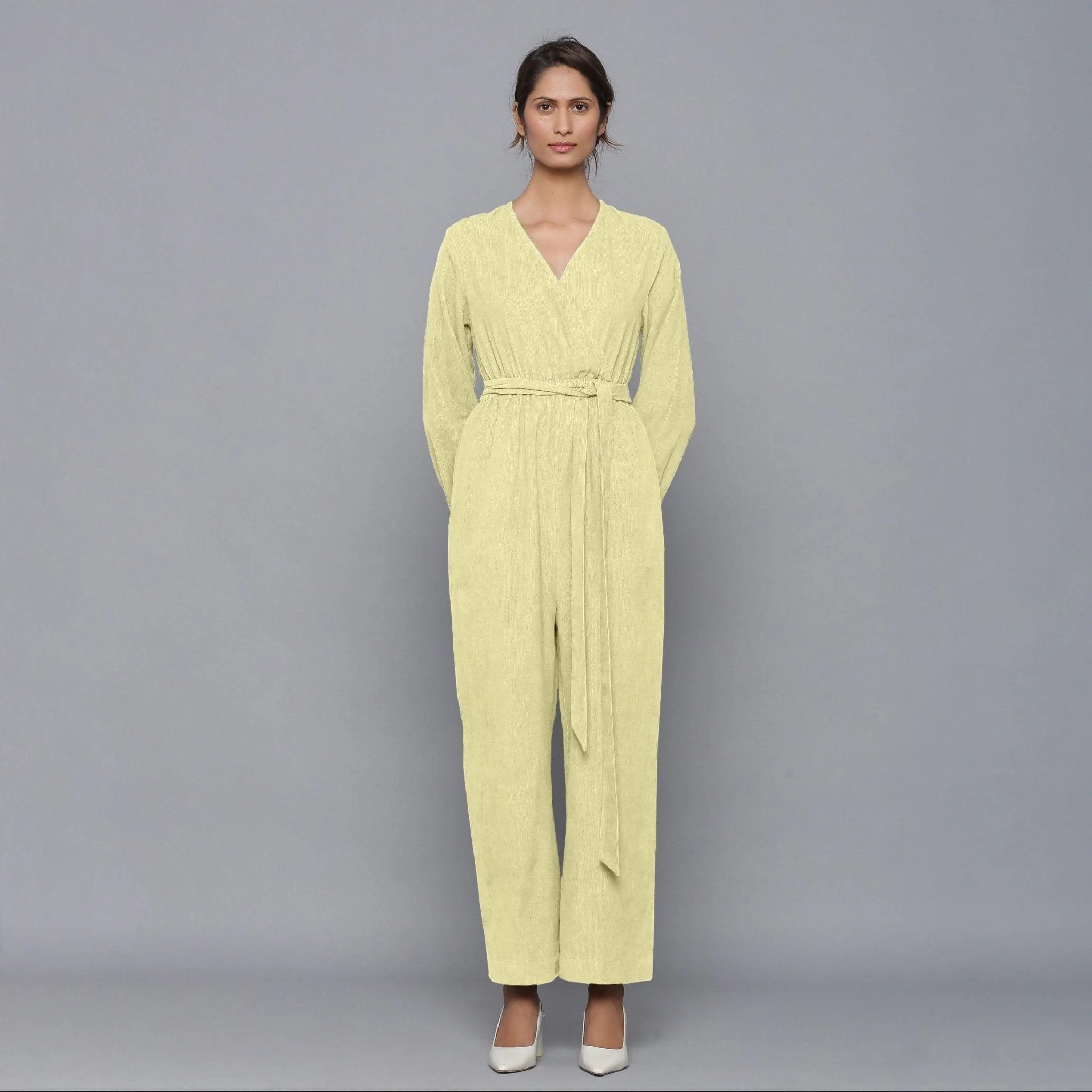 Pista Yellow Warm Cotton Corduroy Ankle Length Jumpsuit