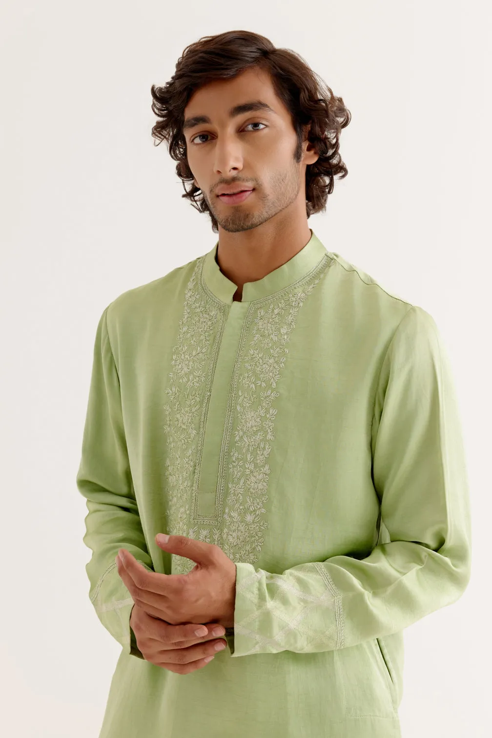 Pistachio Green Silk Satin Dori Embroidered Kurta Set