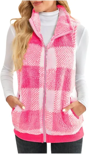 Plaid Fleece Vest Women Zip Up Plus Size Jacket Fuzzy Casual Jacket Winter Sleeveless Cardigan Tops with Pockets