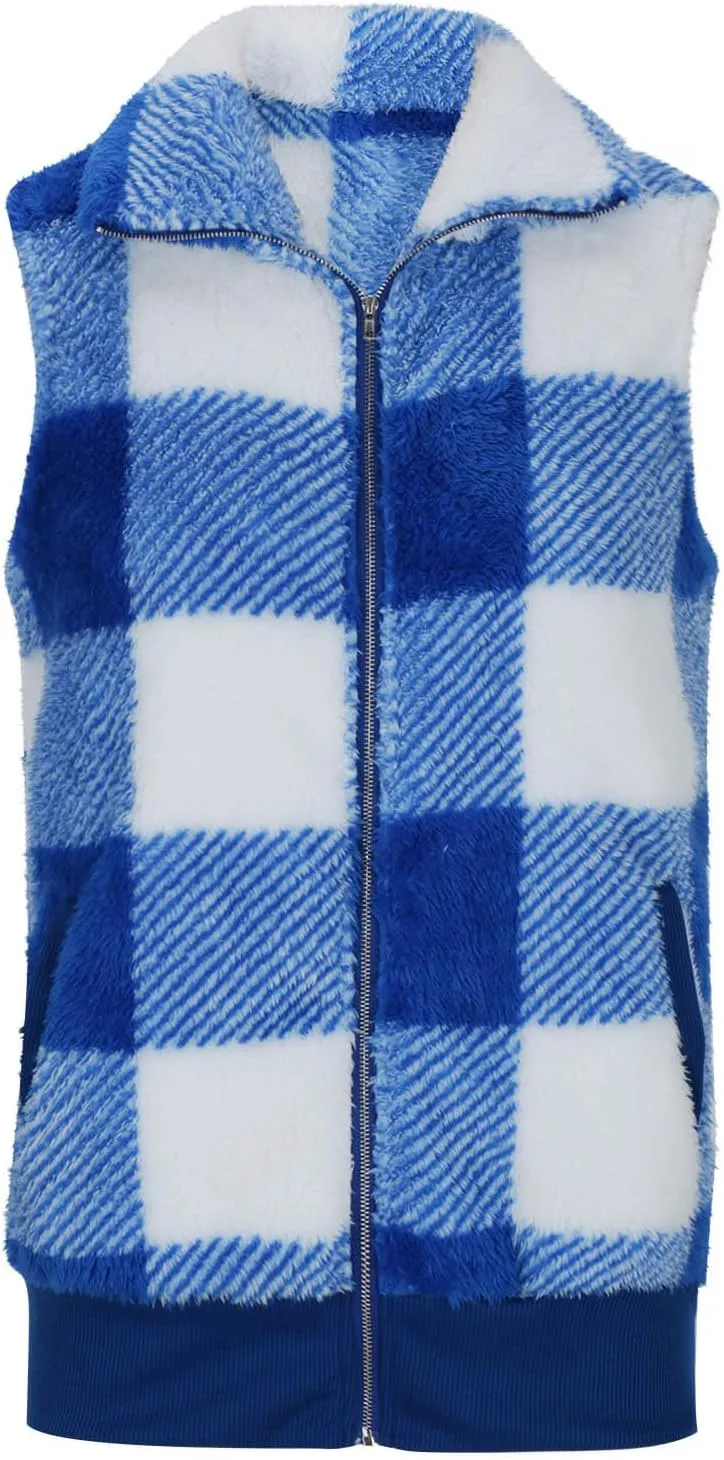 Plaid Fleece Vest Women Zip Up Plus Size Jacket Fuzzy Casual Jacket Winter Sleeveless Cardigan Tops with Pockets