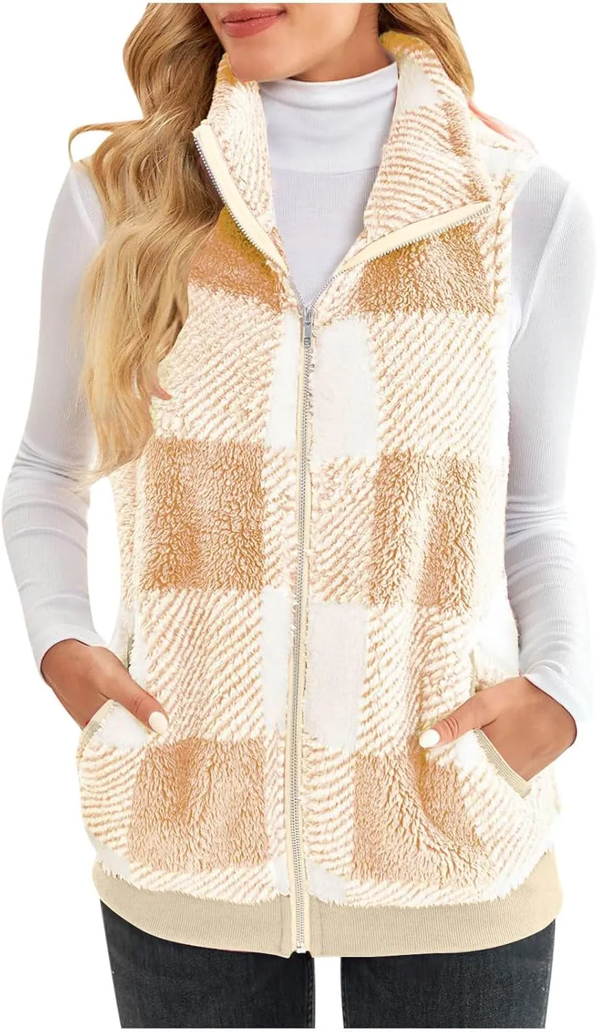 Plaid Fleece Vest Women Zip Up Plus Size Jacket Fuzzy Casual Jacket Winter Sleeveless Cardigan Tops with Pockets