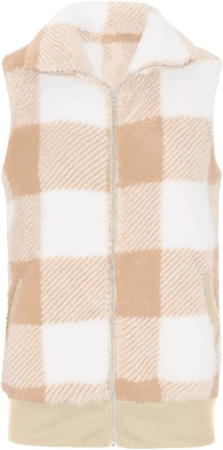 Plaid Fleece Vest Women Zip Up Plus Size Jacket Fuzzy Casual Jacket Winter Sleeveless Cardigan Tops with Pockets