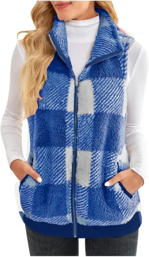 Plaid Fleece Vest Women Zip Up Plus Size Jacket Fuzzy Casual Jacket Winter Sleeveless Cardigan Tops with Pockets