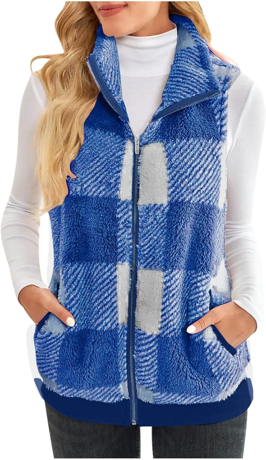 Plaid Fleece Vest Women Zip Up Plus Size Jacket Fuzzy Casual Jacket Winter Sleeveless Cardigan Tops with Pockets