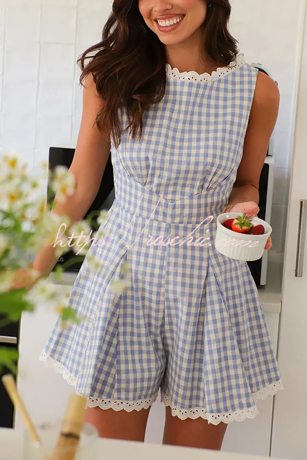 Plaid Print Sleeveless Pleated Waist Casual Rompers