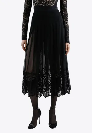 Pleated Georgette Midi Skirt with Lace Trims