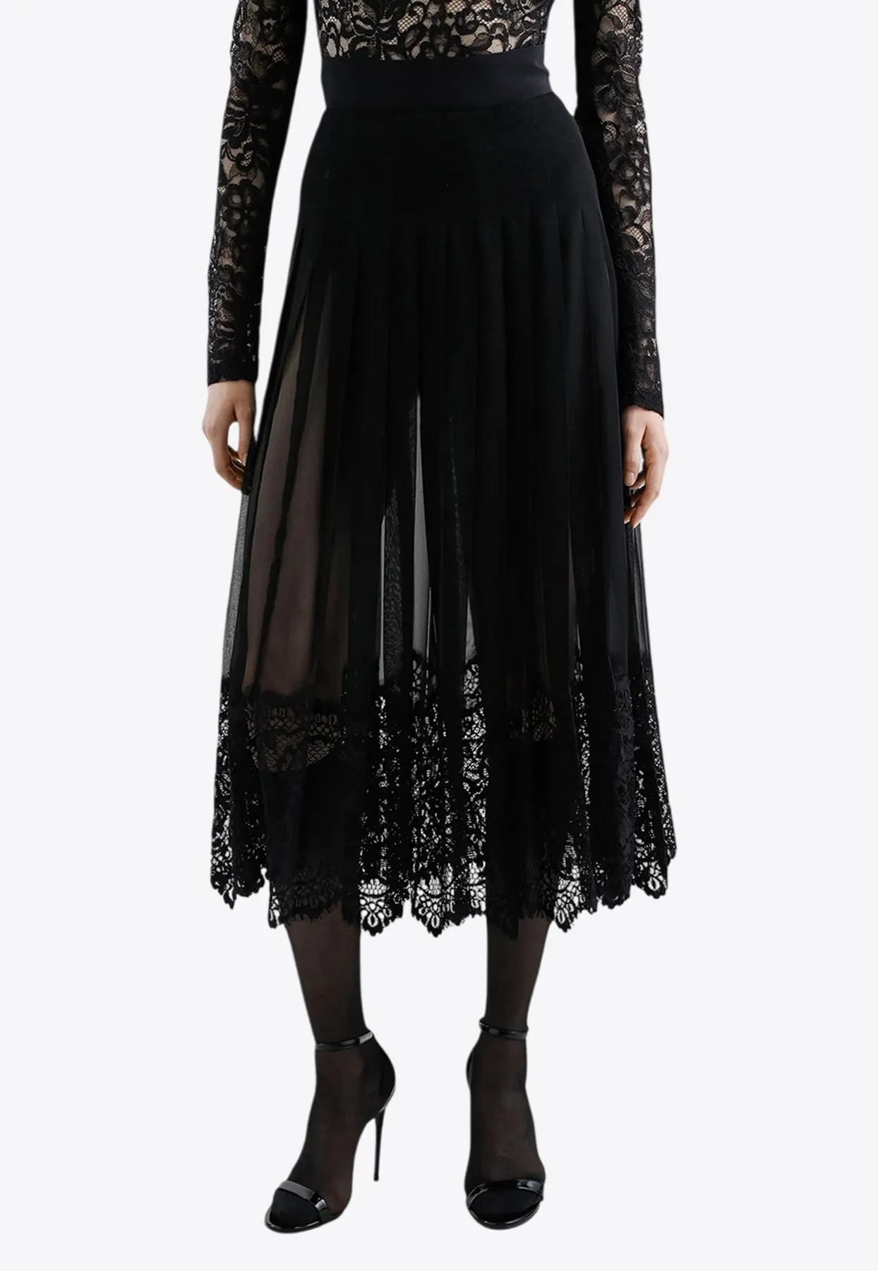 Pleated Georgette Midi Skirt with Lace Trims