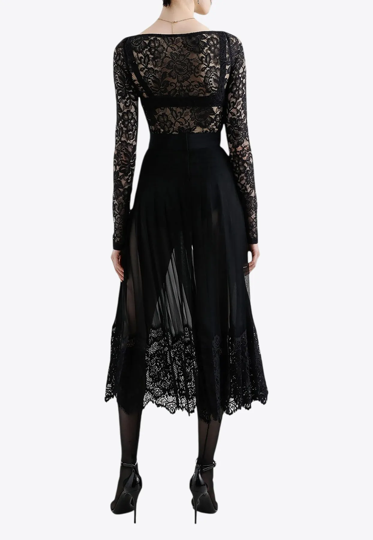 Pleated Georgette Midi Skirt with Lace Trims