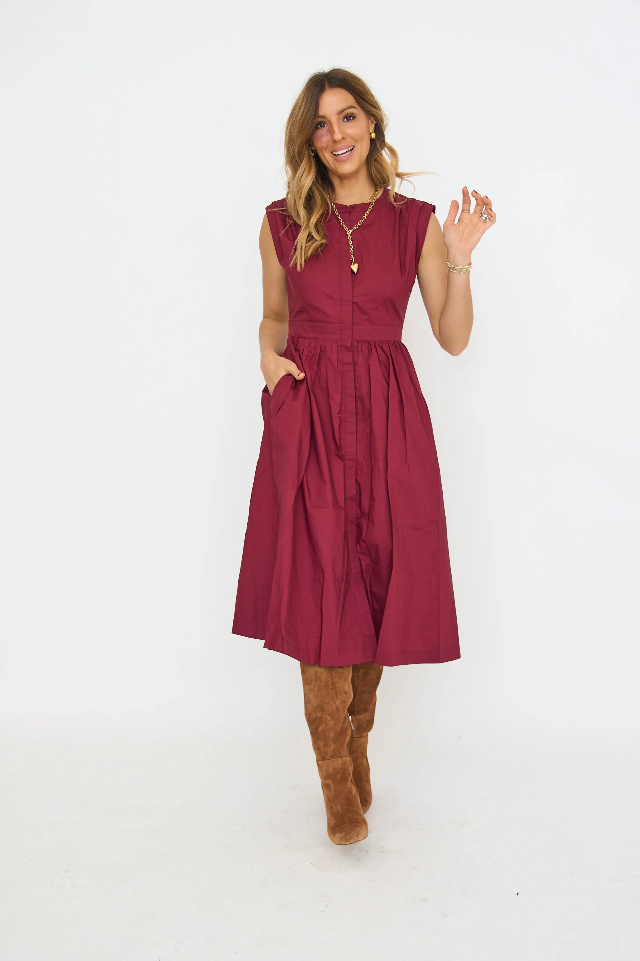 Pleated Shoulder Midi Dress
