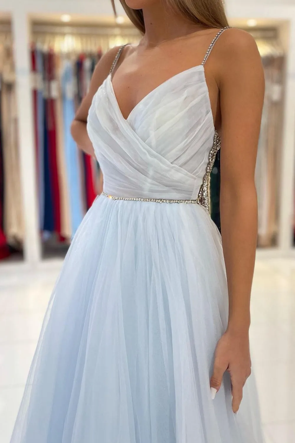 Pleated V Neck Light Blue Tulle Party Dress Rhinestones A Line Prom Dress PD2863