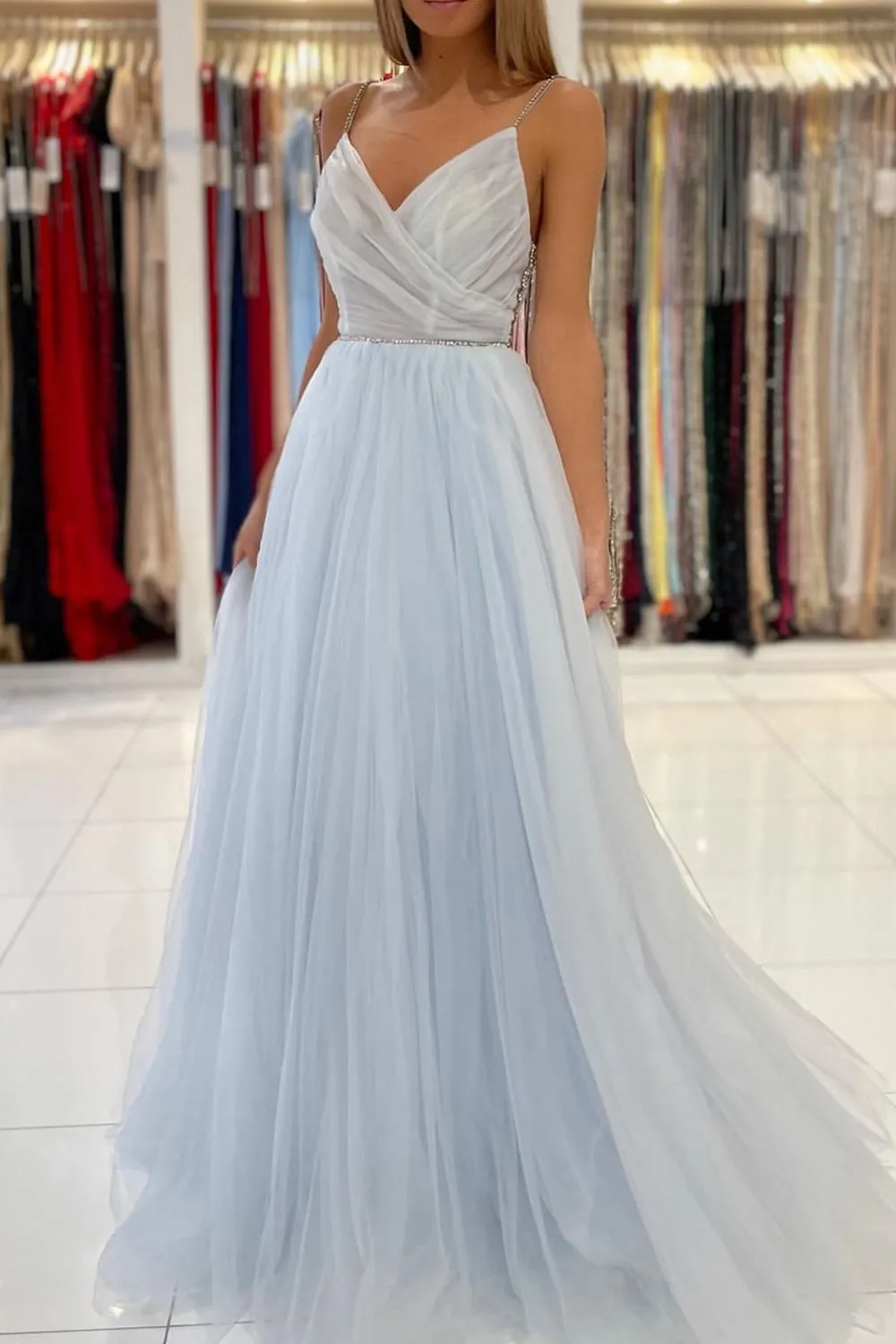 Pleated V Neck Light Blue Tulle Party Dress Rhinestones A Line Prom Dress PD2863
