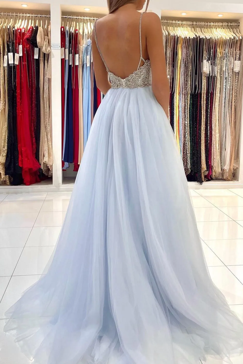 Pleated V Neck Light Blue Tulle Party Dress Rhinestones A Line Prom Dress PD2863