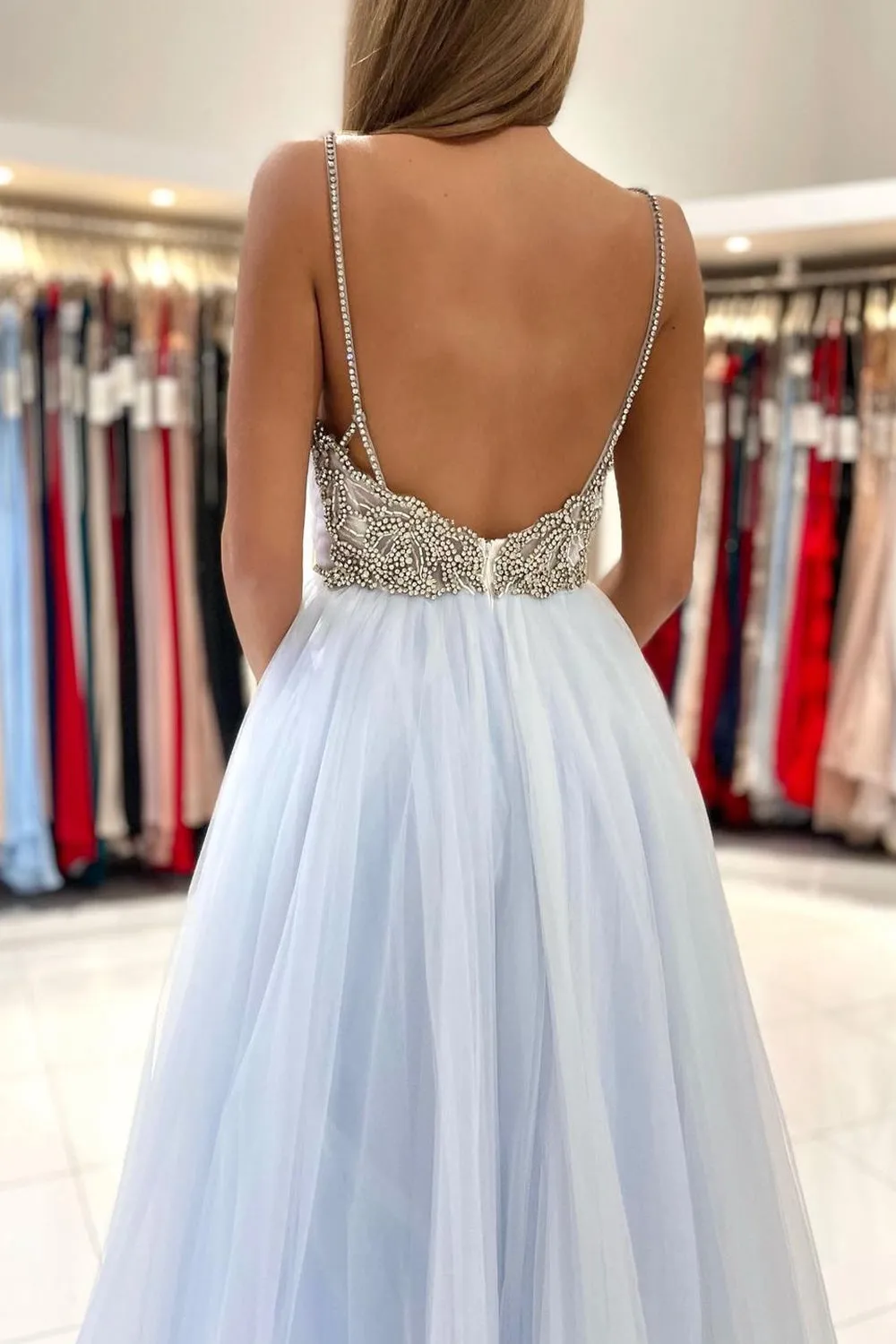 Pleated V Neck Light Blue Tulle Party Dress Rhinestones A Line Prom Dress PD2863