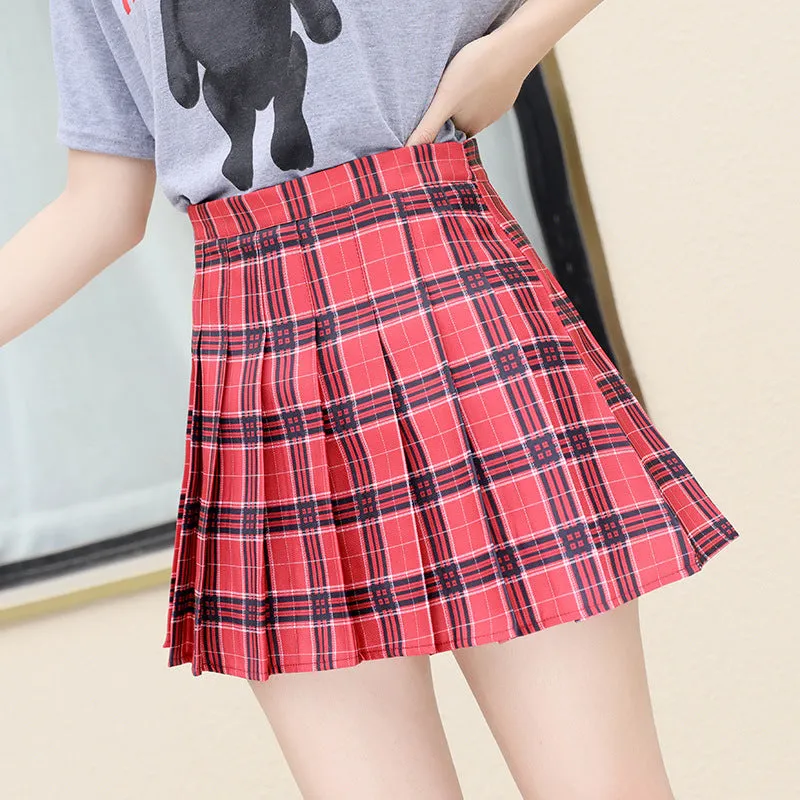 Pleated Women Summer Student Korean High Waist A-Line Plus Size Chequered Skirt