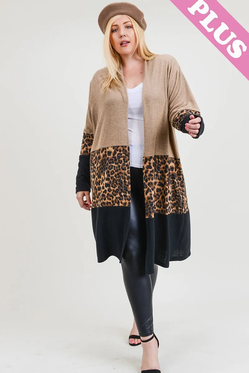 PLUS CONTRAST CASHMERE BRUSHED KNIT CARDIGAN - TAUPE