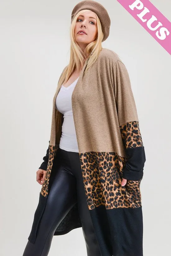 PLUS CONTRAST CASHMERE BRUSHED KNIT CARDIGAN - TAUPE