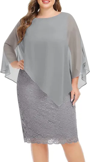 Plus Size Dresses Wedding Guest - Mother Bride Semi Formal Lace Cape with Chiffon Overlay Dresses