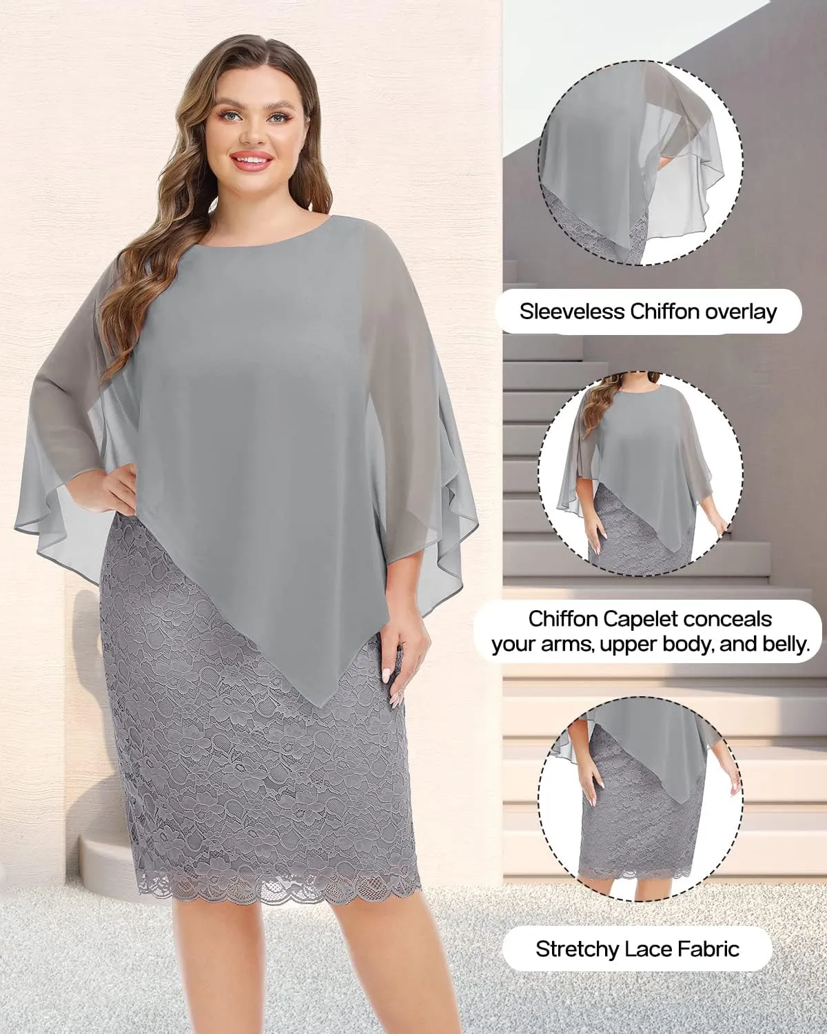 Plus Size Dresses Wedding Guest - Mother Bride Semi Formal Lace Cape with Chiffon Overlay Dresses